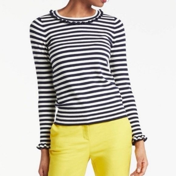 Boden Bernadette Striped Navy and White Ruffle Trim Sweater Size 10 - Picture 4 of 14